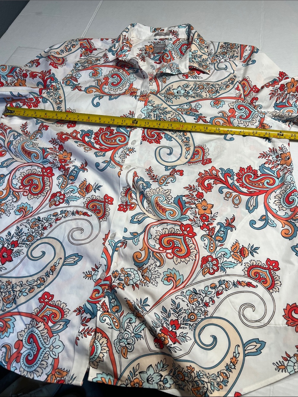 Chico's White Paisley Print Skirt with Red, Orange, Blue Accents